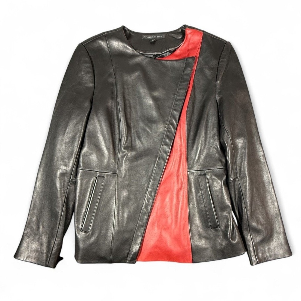 Preston York Black Red Lambskin Leather Asymmetrical Moto Mobwife Jacket Women S - Picture 5 of 11